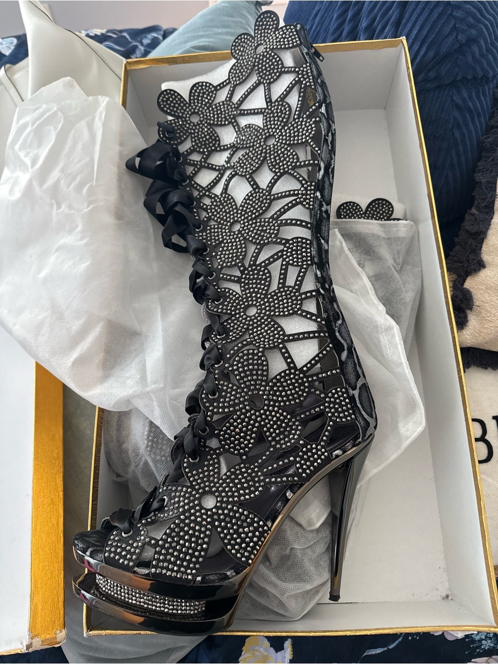 Black Floral Cutout Lace-Up Stiletto Bootie